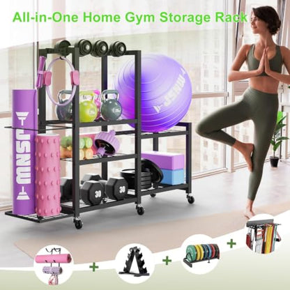 6-Tier Multi-Functional Home Gym Storage Rack with Wheels and Hooks, Adjustable Weight Rack for Dumbbells Kettlebells Yoga Mat and Balls, Space Saving Workout Equipment Storage Organizer