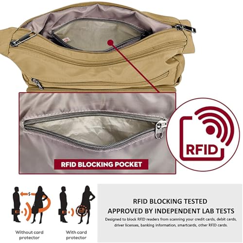 VOLGANIK ROCK RFID Purses for Women Fabric Nylon Multi Pocket Crossbody Bag Ladies Travel Handbag - color: Khaki, size: Standard