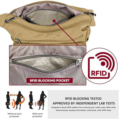 VOLGANIK ROCK RFID Purses for Women Fabric Nylon Multi Pocket Crossbody Bag Ladies Travel Handbag - color: Khaki, size: Standard