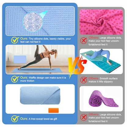 Hot Yoga Mat Towel Non Slip, Anti-Slip Silicone Grip Dot, Waffle Fiber 400GSM,72'' x 25'' Mat Size,Grippy Yoga Mat Cover Keep Mat Cleaning, Summer Workout Hot Exercise,Bikram,Pilates Sweat Absorbent