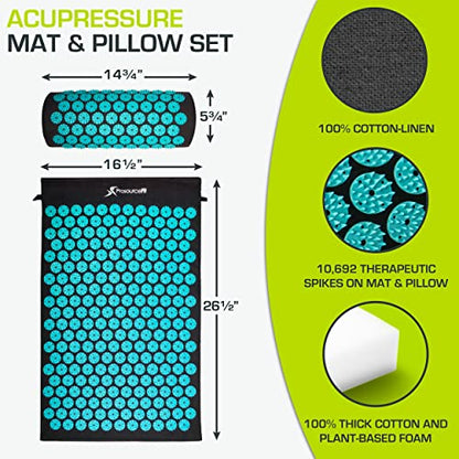 ProsourceFit Acupressure Mat and Pillow Set for Back/Neck Pain Relief and Muscle Relaxation, Large - Black/Aqua - color: Black/Aqua, size: Large