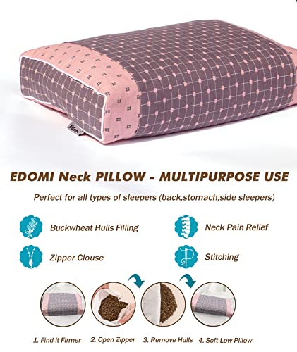 Upgraded Buckwheat Neck Pillows, Buckwheat Hull Pillow for Pain Relief, Pillow Cube for Sleeping with Zipper Washable Cotton Cover, Neck Support Meditation Cushion (18x10 Inch, Grey&Pink)