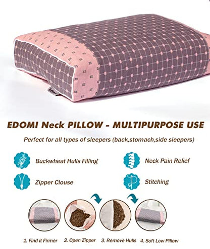Upgraded Buckwheat Neck Pillows, Buckwheat Hull Pillow for Pain Relief, Pillow Cube for Sleeping with Zipper Washable Cotton Cover, Neck Support Meditation Cushion (18x10 Inch, Grey&Pink)