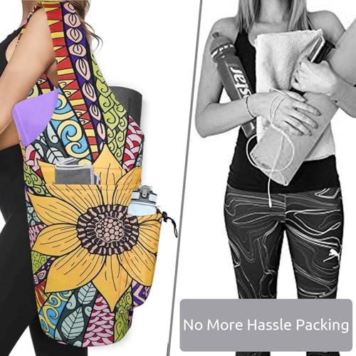 Yoga Mat Bag - Large Opening Long Tote Yoga Mat Carrier Holder Bag with Waterproof Wet Zipper Pocket and Drawstring Water Bottle Pocket - Yoga Bag Fit Most Size Mats - color: Sunflower