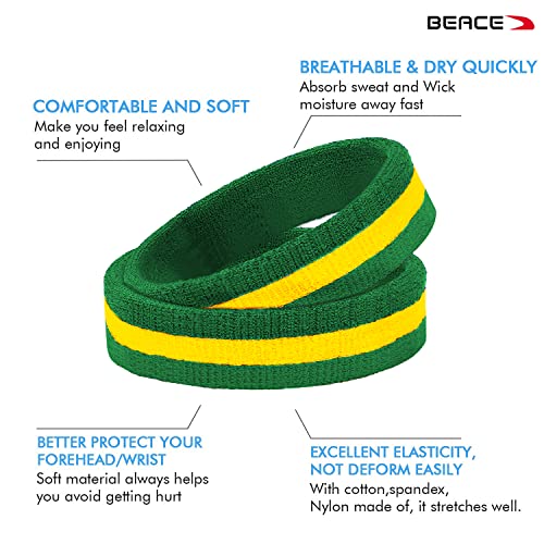 BEACE Sweatbands Sports Headband for Men & Women - Moisture Wicking Athletic Cotton Terry Cloth Sweatband for Tennis, Basketball, Running, Gym, Working Out - color: Red Whi Blu/Rainbow/GR YE GR