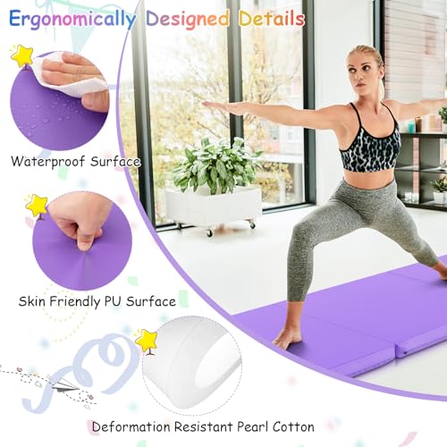 Giantex 6'x 2' Gymnastics Mat, 2" Thick Folding Tumbling Mat with Hook and Loop Fastener, Foldable Gym Mat with Carrying Handles, Cheer Mats for Kids Adults Home Exercise Aerobics Fitness - color: Purple