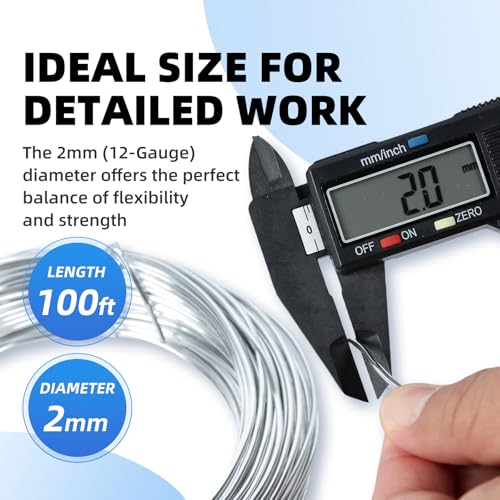 Bendable Aluminum Craft Wire - 2mm 12 Gauge (30m / 100ft) Spool, Floral Wire for Artificial Flowers, Jewelry Making Wire for Beading & Wire Wrapping - Silver - size: 12 Gauge x 100 Feet