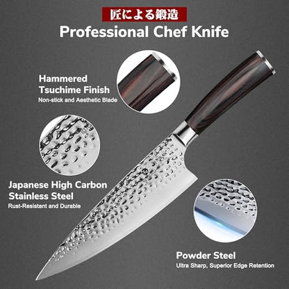 imarku 8 Inch Hammered Japanese Chef Knife,Powder Steel Edge Kitchen Knife | HC Stainless Steel,Anti-Stick Ultra Sharp Blade Cooking Knife,Ergonomic Pakkawood Handle,Professional Knife Gift - color: Silver