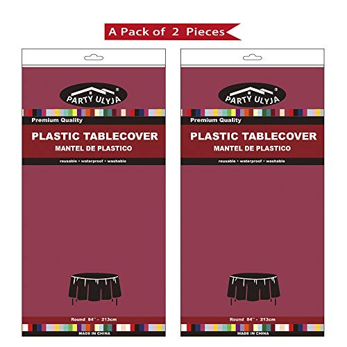 Burgundy Plastic Tablecloths 2 Pack Maroon Disposable Table Covers 84 Inch Circle Bridal Shower Party Tablecovers PEVA Wine Red Table Cloths for Picnic Birthday Wedding Parties 6 ft Round Table Use - color: E04 Burgundy