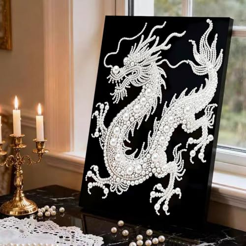 GEMFAMILY Dragon Diamond Art Painting Kits for Adults,White Dragon Diamond Painting Kits for Special Shape,DIY Pearl Diamond Dots Gem Art Craft for Home Decor 12 x 16 inch - color: HL101