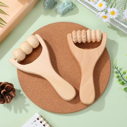 Wooden Massage Roller Tool Set for Full Body Relief Neck Shoulder Foot Leg Muscle Acupoint Therapy 2Pcs Compact Size 5.85 Inch Each