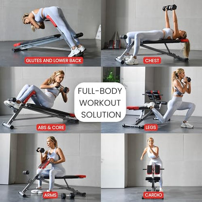 Finer Form Multi-Functional Adjustable Weight Bench and Roman Chair | 8 Back Extension Levels, Chest Press, Sit Ups, Flat Decline Settings, Sturdy Steel Frame, Thick Pad, Workout Chart Included