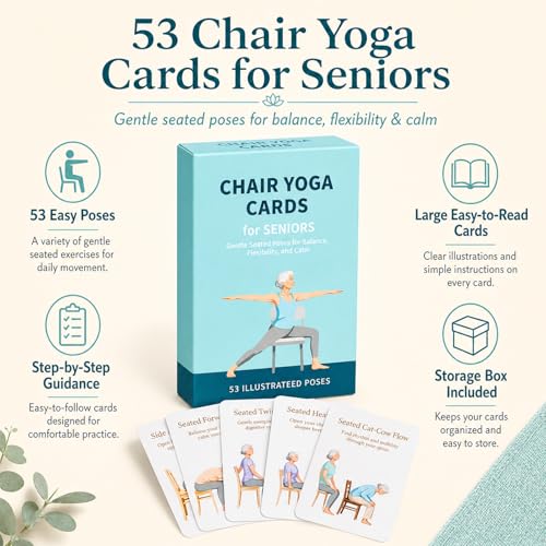 Oversized Chair Yoga Cards for Seniors, 53 Seated Yoga & Stretch Poses, Large-Print Step-by-Step Exercise Deck with Storage Box, Low-Impact Mobility & Flexibility Workouts for Older Adults