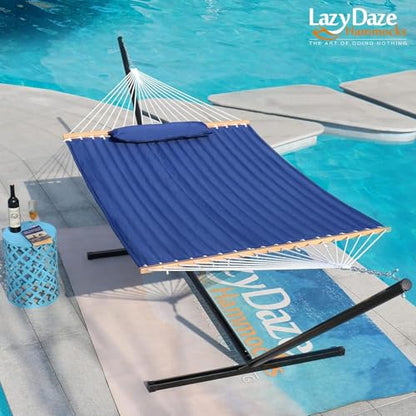 Lazy Daze 12 FT Double Hammock with Spreader Bar for Outside, Navy Blue | 2 Person Heavy Duty Hammock with Detachable Pillow and Carabiners for Outdoor Backyard Poolside, 450lbs Weight Capacity - color: Navy Blue