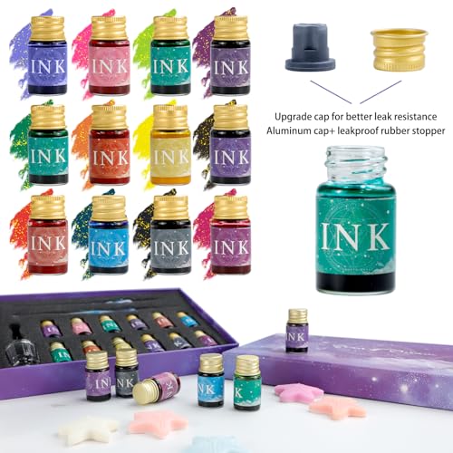 Glass Dip Pen Set, 16pcs Calligraphy Fountain Pens Set, 2 Crystal Glass Pen, 12 Gold Powder Drawing Drip Tool for Writing Signatures Art Christmas Gift, Calligraphy Kit for Beginners