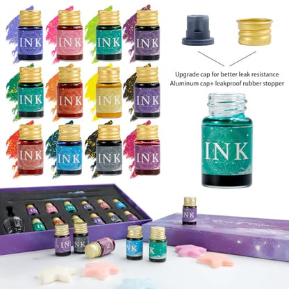 Glass Dip Pen Ink Set, 16pcs Fountain Calligraphy Pens Set, 2 Crystal Signature Glass Pen, 12 Gold Powder Drawing Ink Drip Tool for Art Writing Signatures Beginners Valentines Day Gift