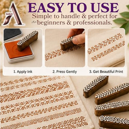 AnNafi® Mehendi Print Blocks| Border Pattern Wooden Stamps (Set of 10)| Fabric Wooden Stamps Border Pattern Printing Blocks| Designer Craft for Mehandi Textile Pottery Saree Border Canvas Painting |