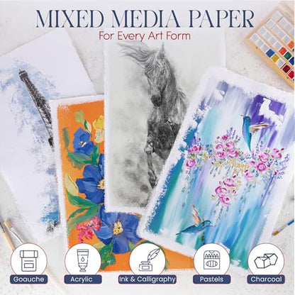 Wanderings Thick Handmade Watercolor Paper with Deckle Edge - 11" x 17" - 300GSM - Premium White Hot Press Smooth Mixed Media Paper Made with Recycled Cotton - 25 Loose Leaf Sheets - color: White, size: 11x17" (28x43cm)