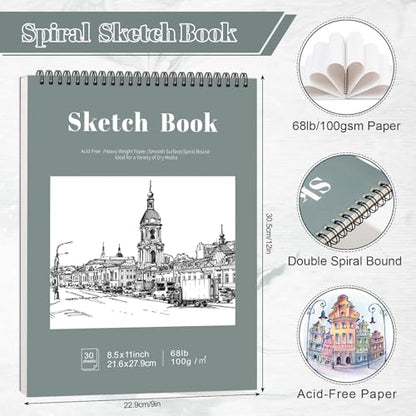 4 Pack Sketch Books 8.5 × 11 in, Top Spiral, 100gsm, Light Cyan | Acid-Free Paper, 30 Sheets Each, Hardcover with Rigid Back, Lay-Flat Top Spiral, for Sketching & Dry Media - color: Light Cyan, size: 8.5 × 11Inch（4 Pack）