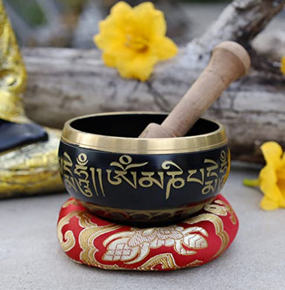 DharmaObjects Tibetan Meditation Om Mani Padme Hum Peace Singing Bowl With Mallet - color: Black, size: Small
