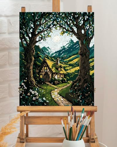 TOCARE Cabin Paint by Numbers Kit for Adults, Cabin in the Moonlit Forest Adult Paint by Number Canvas,Adults' Paint-by-Number Kits Nature Scenery 16x20inch (Without Framed) - color: TC-OPC5594