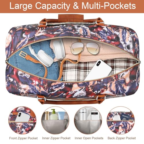 ITIEZY Weekender Bag for Women 21.5" Travel Duffel Large Carry On Bag 3PCS | Nylon Duffel Bag with Waterproof Shoe Compartment, Crossbody Bag and Toiletry Bag, Travel Weekend Hospital Overnight Gym Bag - color: 8-Purple Leaf
