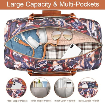 ITIEZY Weekender Bag for Women 21.5" Travel Duffel Large Carry On Bag 3PCS | Nylon Duffel Bag with Waterproof Shoe Compartment, Crossbody Bag and Toiletry Bag, Travel Weekend Hospital Overnight Gym Bag - color: 8-Purple Leaf