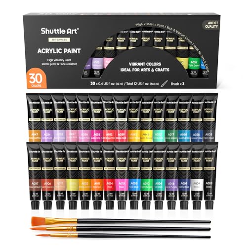Shuttle Art Acrylic Paint Set, 30 x12ml Tubes Artist Quality Non Toxic Rich Pigments Colors Great for Kids Adults Professional Painting on Rocks Canvas Wood Clay Fabric Ceramic Crafts - color: 30 Colors, size: 0.4 Fl Oz (Pack of 30)