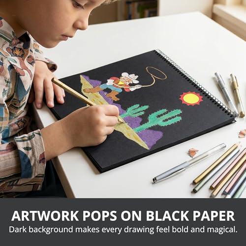 Roaring Spring Black Paper Sketch Book 9" x 9" – 25 Sheets, 70 lb. Heavyweight Pages, Top Spiral Bound, Perforated Acid-Free Drawing Pad for Gel Pens, Metallic Markers, Colored Pencils & Art Projects