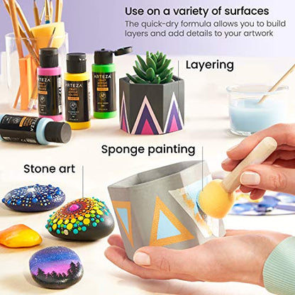 ARTEZA Craft Acrylic Paint, 2 ounce Bottles, Water-Based, Matte Finish Paints, Art Supplies for Glass, Wood, Ceramics, Fabrics, Leather, Paper - style: Basic Colors