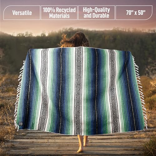 Hydration Nation Authentic Large Handwoven Mexican Blanket - Soft Yoga- Durable Serape- Lightweight Falsa, Beach, Camping, Picnic, Outdoor Blanket 70"x50" - Arctic - color: Arctic