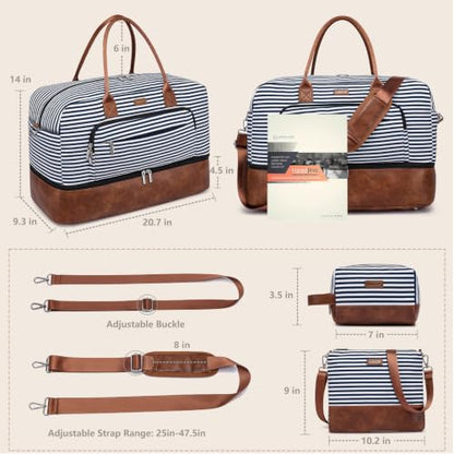 Large Women Travel Weekender Bag: Carry on Duffle with Shoe Compartment | Overnight Duffel Bags with Wet Pocket, Crossbody & Toiletry Bag, 3PCS Womens Traveling Tote Set for Hospital Gym Weekend Trip - color: Blue Striped