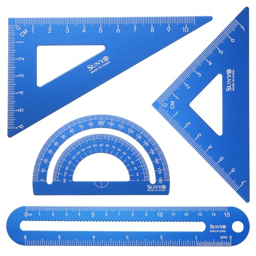 HARFINGTON 4pcs Triangular Ruler Set 15cm/6" Aluminum Alloy Straight Geometric Protractor Triangle Engineering Scale Drafting Ruler Kit Measuring Drawing Tool for Classroom Office Home, Blue - color: Blue