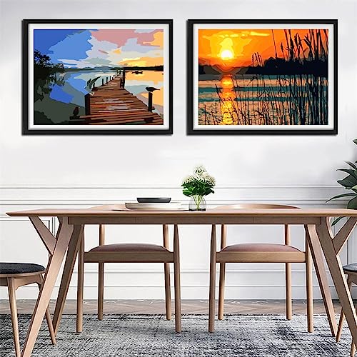YANXIN Paint by Numbers Kit for Adults Beginners 2 Pack Paint by Numbers for Adults Rolled up Canvas for Home Decoration Creative Wall Art with Colorful Gift Box 12x16 inch Lake Sunset 171-172 - color: YX8001-171-172