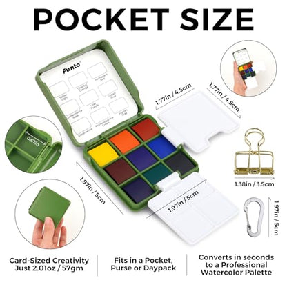 Funto Mini Watercolor Travel Set, Christmas Green Gift Travel Artist Outdoor Sketch Kits with 2 Foldable Palettes, Portable Leather Case and Metal Clip, Kit for Art Lovers - style: Utility Set