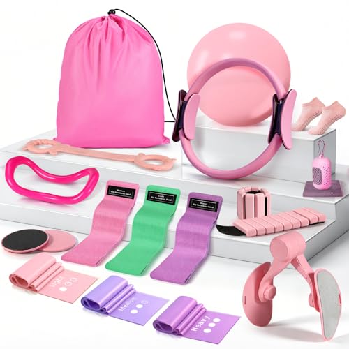 Pilates Essentials Kit for Women 15 Pcs Pilates Equipment for Home Workouts with Yoga Circle Ball Ring, 5 Resistance Bands,Pedal Puller Resistance Band,Anti Slip Socks for Starter Set