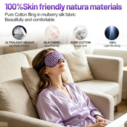 Silk Sleep Mask, Blackout Eye Mask for Sleeping with Adjustable Strap | Light-blocking Blindfold for Men & Women Pressure-Free, Soft Eye Cover Eyeshade for Side Sleeper, Travel (Purple Leopard) - color: Purple Leopard