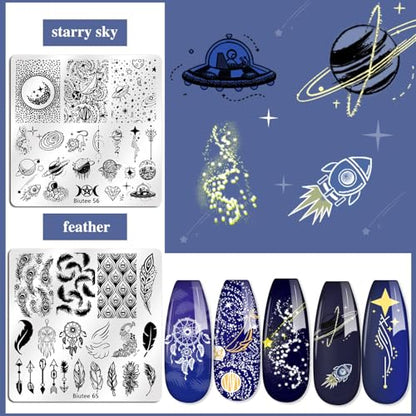 Biutee 15PCS Nail Art Stamping Plate 8 Nail Stamping Gel Polish Nail Stamping Kit Nail Stamper Scraper with Storage Bag, Lace Flower Butterfly Star Design Nail Stamp Template Kit for DIY Nail Art - color: 26 Piece Set