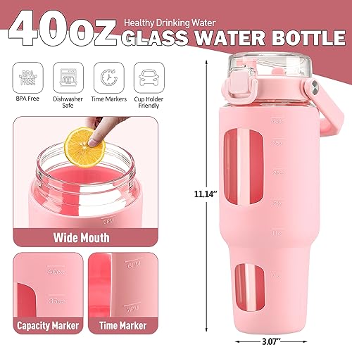 BLUEGO 40 oz Glass Water Bottle with Straw, Leakproof Glass Drinking Bottle with Time Marker and Silicone Sleeve, Wide Mouth Water Bottle for Travel, Gym, Workout, Pink - color: Pink, size: 40 Ounces