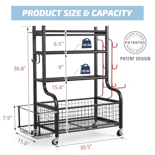 PLKOW Dumbbell Rack, Weight Rack for Dumbbells, Home Gym Storage for Dumbbells Kettlebells Yoga Mat and Balls, All in One Workout Storage with Wheels and Hooks, Powder Coated Finish Steel