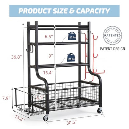 PLKOW Dumbbell Rack, Weight Rack for Dumbbells, Home Gym Storage for Dumbbells Kettlebells Yoga Mat and Balls, All in One Workout Storage with Wheels and Hooks, Powder Coated Finish Steel