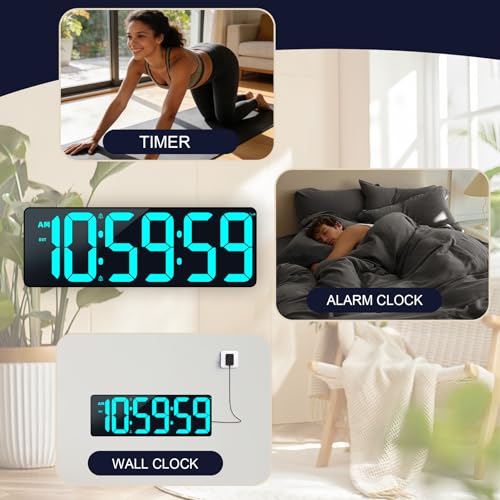 TXL 17.2" Bluetooth Digital Wall Clock with Seconds, Large Countdown Timer for Classroom Home Gym Kitchen Office, Alarm Clock with Remote Control, 4 Dimmable Brightness, Auto DST (Ice Blue) - color: Ice Blue
