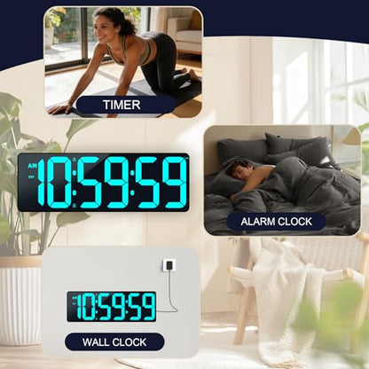TXL 17.2" Bluetooth Digital Wall Clock with Seconds, Large Countdown Timer for Classroom Home Gym Kitchen Office, Alarm Clock with Remote Control, 4 Dimmable Brightness, Auto DST (Ice Blue) - color: Ice Blue