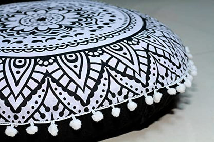 CRAFT KALA 32" Large Round Bohemian Floor Pillow Cover Boho Pouf Cover Mandala Meditation Room Pillows Cover Adults Seating Poufs Cushion Cover for Kids Reading Playroom Black Flower - color: Black Flower