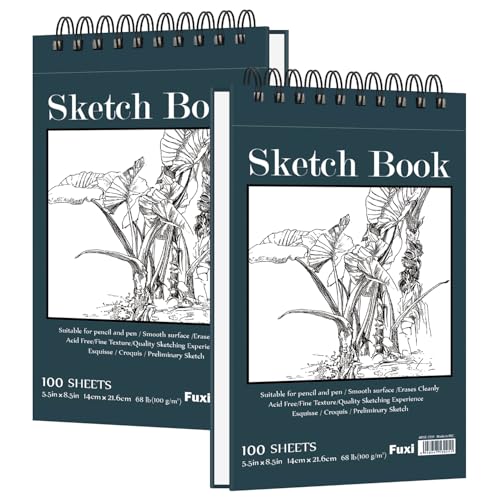 Fuxi Small Sketch Book, Spiral-Bound Sketchbook 5.5 x 8.5 2-Pack 200 Sheets | Small Sketchbook, 100 Sheets Each, 68lb/100gsm Drawing Paper Pad, Small Sketch Pads for Drawing for Adults, Kids & Beginners. - color: Aegean Blue