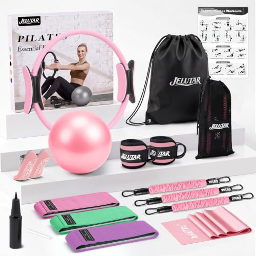 JELUTAR Pilates Kit for Women Home Workout, Pilates Equipment Set | 14”Pilates Ring and Ball, Fabric Resistance Bands, Exercise Band, Ankle Straps, Grip Socks Gym Accessories Fitness Essentials - color: Pink