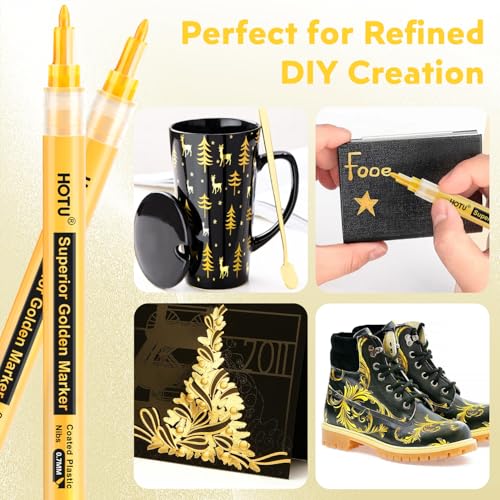 HOTU 5 Pack Super Gold Paint Markers - Metallic Gold Acrylic Paint Pens Glitter Extra Fine Tip 0.7mm for Black Paper,Wood, Rock Painting, Glass, Fabric | Metallic Gold Paint Pens, Water-Based, For Rock Painting, Crafting, Paper, Wood, Glass, Fabric,Metal,
