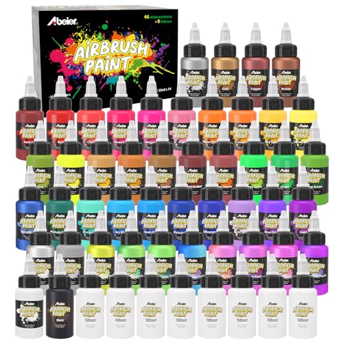ABEIER Airbrush Paint Set, 46 Colors x 1 oz with 8 Thinners, Ready Spray | Non-Toxic, Water-based acrylic formula, smooth flow, strong coverage, low odor, fade resistant, for models and craft projects - color: 46 Colors with 8 Thinners