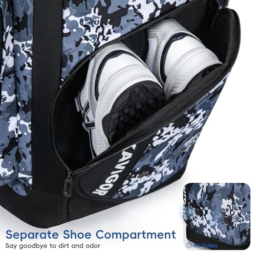 KAVIGOR Rolling Baseball Bag with Wheels, 60L Capacity Softball Bag Holds 4 Bats for Boys and Girls, Youth Equipment Bag with Shoe Compartment - color: Blue Camo