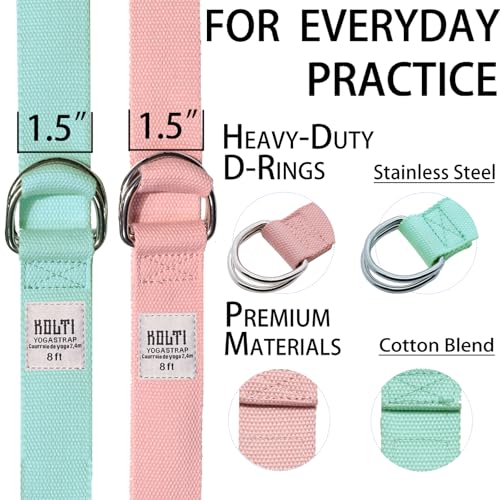 Yoga Exercise Adjustable Straps 8FT with Durable D-Ring for Pilates & Gym Workouts | Hold Poses, Stretch, Improve Flexibility & Maintain Balance - color: Light green&pink